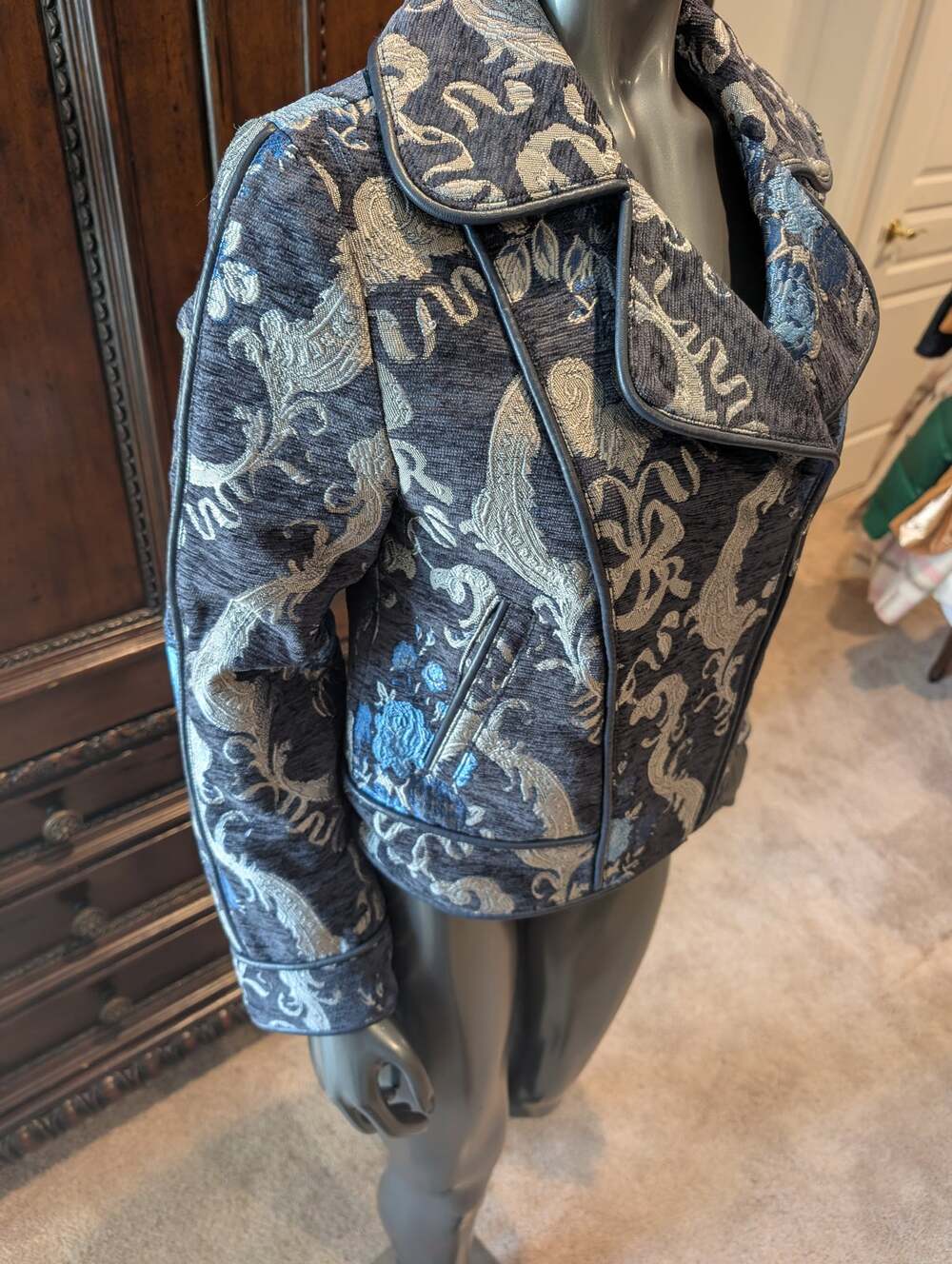 Kathy Ireland Women's Cannes Brocade Biker Jacket Blue/silver Size M Moto